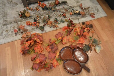 Autumn Fall Stems Picks Garland Lot Wood Wooden Tray Berries Leaves Pumpkins 