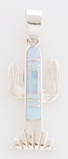 Navajo Handmade Sterling Silver with Lab Opal Inlay Saguaro Cactus Pendant