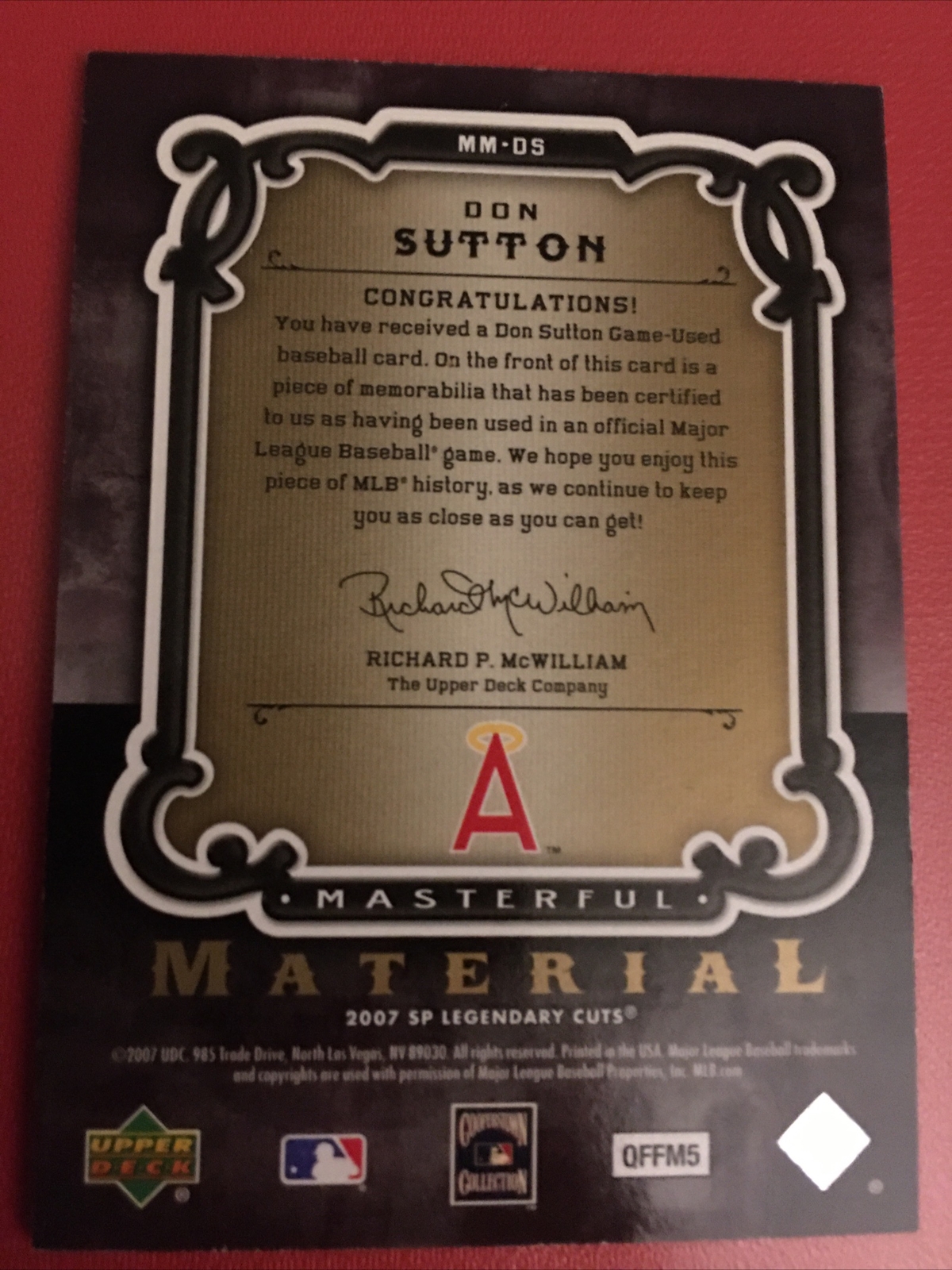2007 SP LEGENDARY CUTS MASTERFUL MATERIAL DON SUTTON GAME USED JERSEY CARD view 2