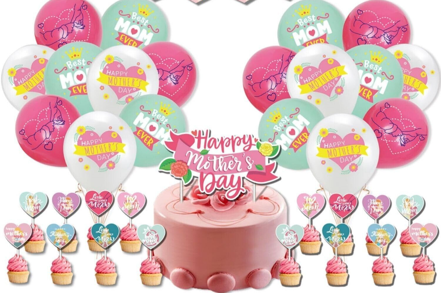 Happy Mother's Day Banner Balloons and Cake Toppers Mothers Day Decoration Heart