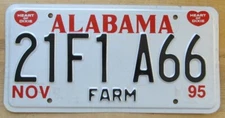 Alabama 1995 CONECUH COUNTY FARM License Plate # 21F1A66