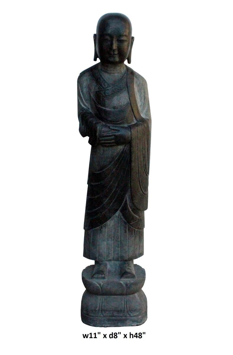 Chinese Black Gray Stone Carved Standing Monk Lohon Statue cs3628S Chinese Black Gray Stone Carved Standing Monk Lohon Statue cs3628S