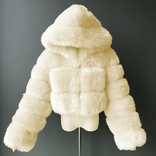 Lady Furry Cropped Faux Fur Coats Fluffy Top Coat W/Hooded Winter Warm Jacket - Picture 20 of 39