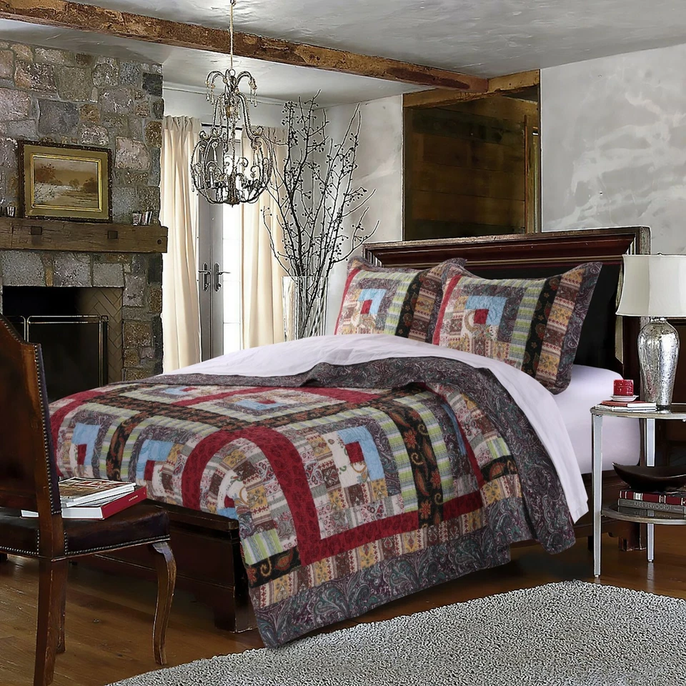 BEAUTIFUL LOG CABIN LODGE COUNTRY BLUE RED BROWN SOUTHWEST COZY BOHO QUILT SET - Image 2 of 3