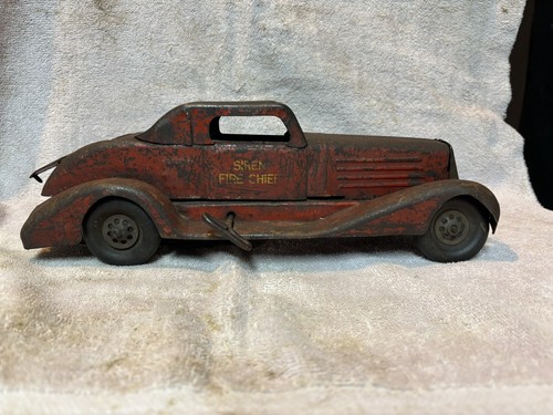 1930's Marx Pressed Steel Windup Red Siren Fire Chief Toy Car 14.5" - Picture 15 of 17