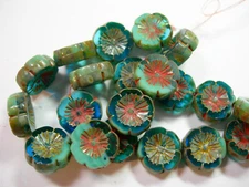 10 beads - Capri Blue Turquoise Blend Picasso Czech Glass Flower Beads 14mm