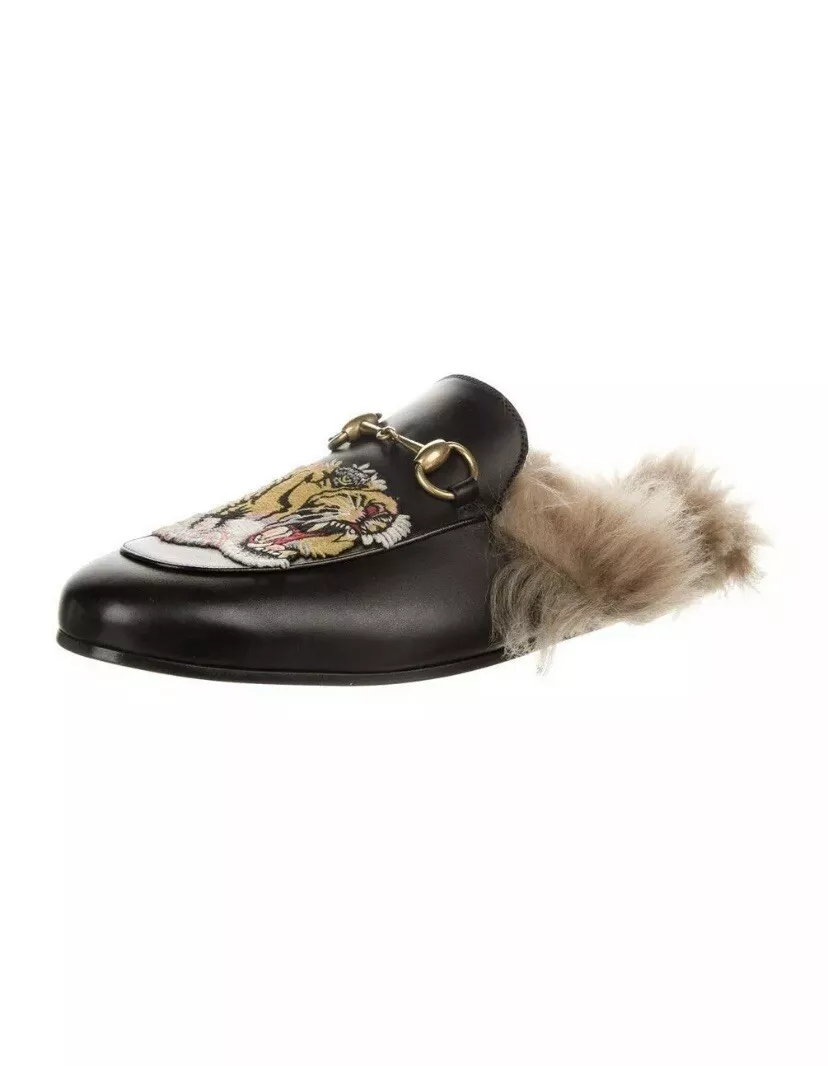 Gucci Men s Princetown Fur Tiger Embroidered Black Leather Loafers Worn Once