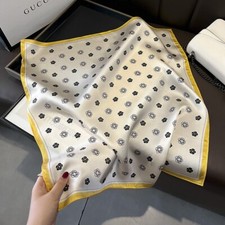 100 Mulberry Silk 21'' Small Scarf Women Neckerchief Wrap Beige Yellow Camellia
