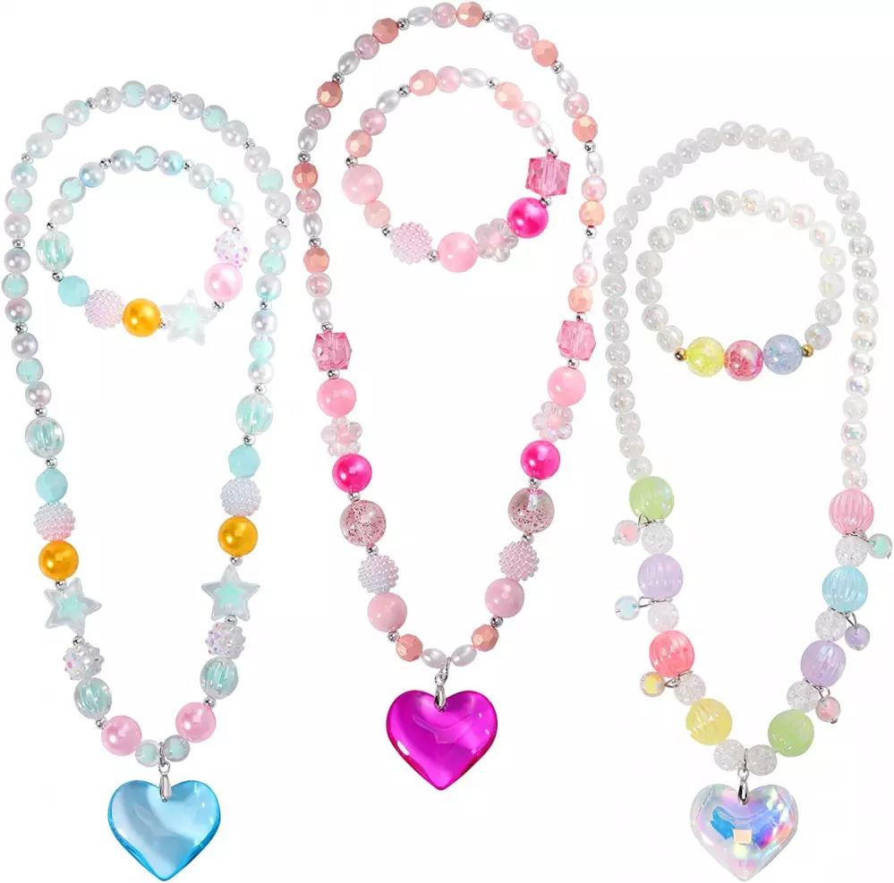 PinkSheep Beads Necklace and Bracelet for Kids, 3 Sets, Little Girls