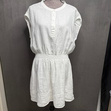 Sezane Linen Mini Dress Womens White Smocked Waist Henley Eyelet Trim Cap Sleeve