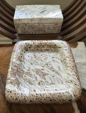 Haeger Ceramic Large Rectangle Lidded Trinket Box & Matching Rolled Edge Dish