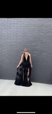 Black Flowy Formal Lace And Velvet Prom Dress