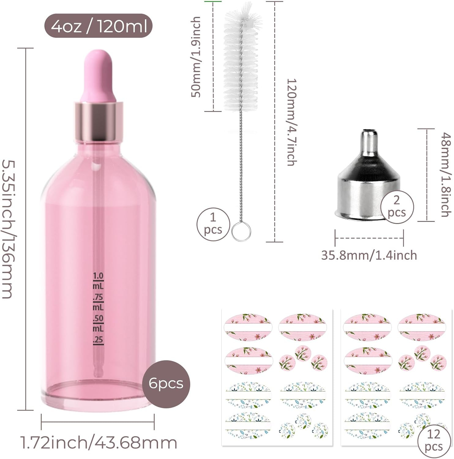 6 Pack Pink Glass Boston Bottles with Glass Scale Eye Droppers, Cosmetic Dropper