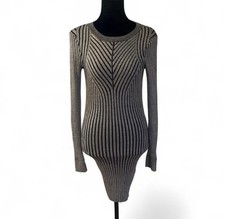 Express Gray Knit Striped Ribbed Long Sleeve Fitted Sweater Dress