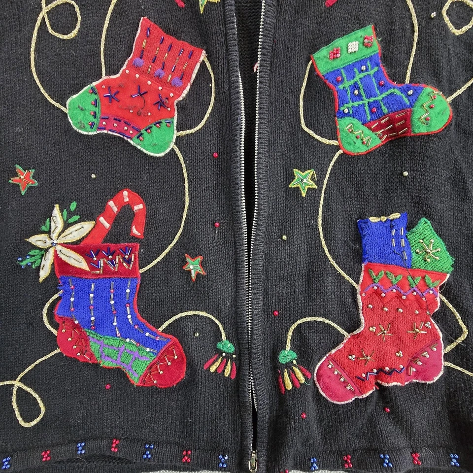 Hampshire Studio Sweater Cardigan Womens 3XL Zip Christmas Stockings Beaded Ugly - Image 4 of 4