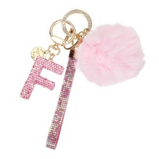 Initial Letter F Keychain with Pom and Rhinestone Wristlet, Pink