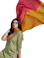 Women's Chanderi Straight Embroidery Kurta Pant with Dupatta Set