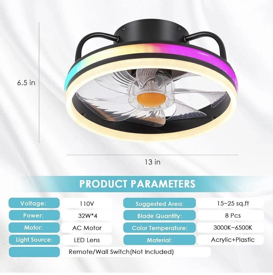 Ventilador de techo - Ventilador de techo de bajo perfil con luz - Moderno empotrado 13" RGB-7871 Foto 2 de 4