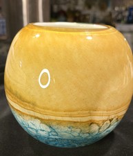 Blown Glass Sphere Vase Ocean Blue Golden Yellow Beach Coastal