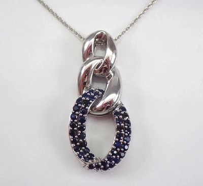 1CT Lab Created Blue Sapphire Cuban Chain Pendant 14K White Gold Finish Silver