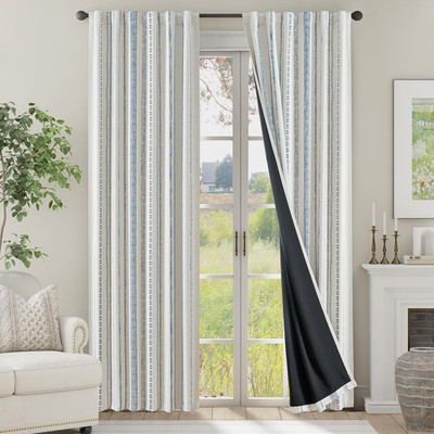 Boho Blue Beige Blackout Curtains 90'' Long, 2 Panels, Room Darkening Drapes