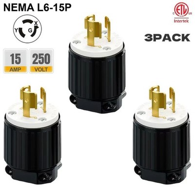 3PACK NEMA L6-15P Locking Plug 15A 250V Twist-Lock Male AC Connector ETL Listed
