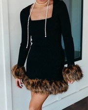 Show Me Your MuMu Francine Black Knit Mini Dress w/Leopard Faux Fur Trim Sz S