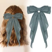14.17 Inch Large Bowknot Hair Ribbon Barrette for Women, Blue Gray