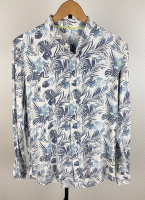 Herren Gr. M Hawaiihemd Hemd blau weiß Blätter Palmen Blumen langarm Shirt 0A4