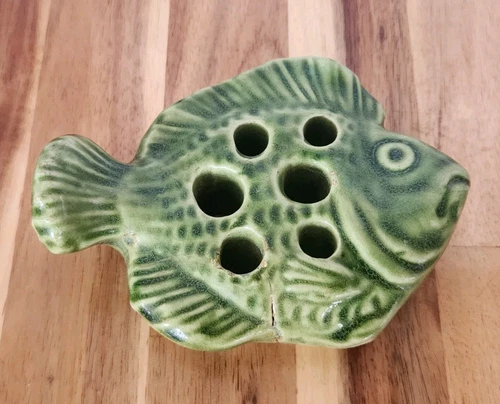 Vintage Antique Brush McCoy 6 Hole Green Pottery Fish Flower Frog