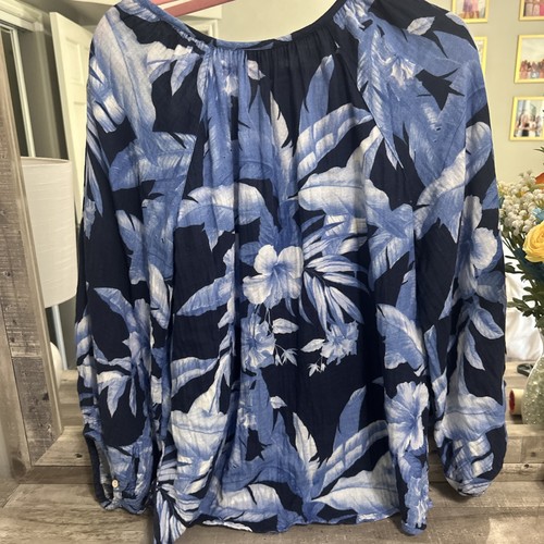 Top de gasa Tommy Bahama Island para mujer M azul floral manga globo Beach Resort - Imagen 4 de 5