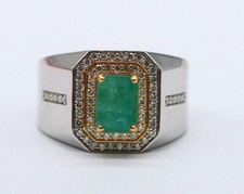 14k Solid Two Tone Gold Emerald Natural Emerald Double Halo Ring For Father Gift