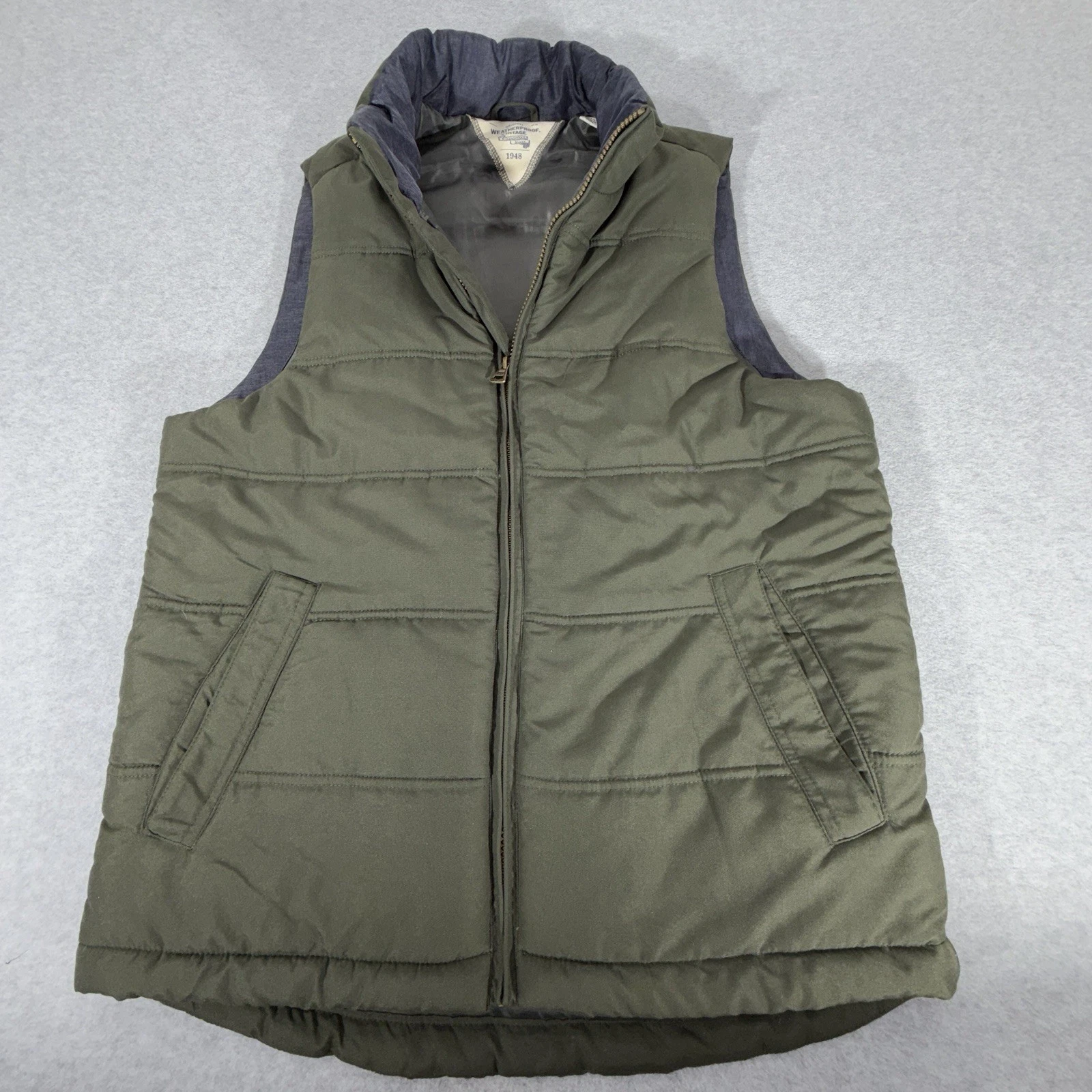 Weatherproof Vintage Men's Green Puffer Vest M Full Zip Stand-Up Collar Quilted