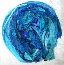 ON 24 yards Unstitched Recycled PURE Silk Sari Ribbon Yarn tassels Aqua SKEINS