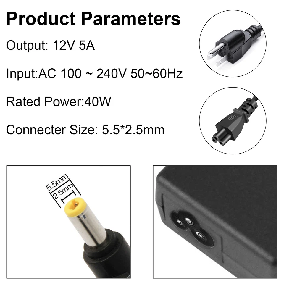 Adaptador de fuente de alimentación LCD AC CC 12 voltios 5 amperios (12V 5A) con punta redonda (5,5*2,5 mm) Foto 2 de 4