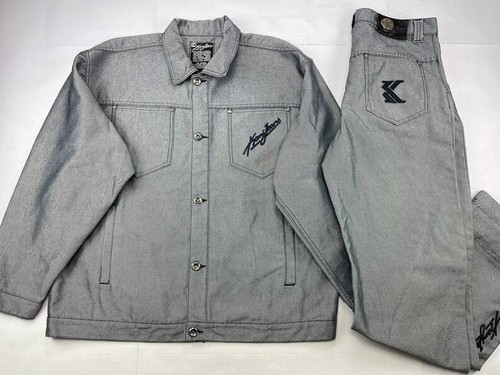 KARL KANI street suit, baggy Kani denim jacket jeans shiny gray metallic  size XL | eBay
