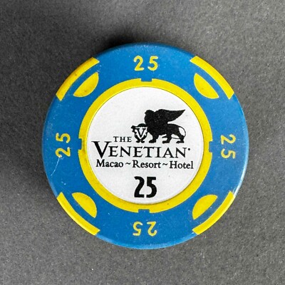 Vintage Lot of 5 Venetian $25 Dollar Blue & Yellow Poker Gaming Chips Macao