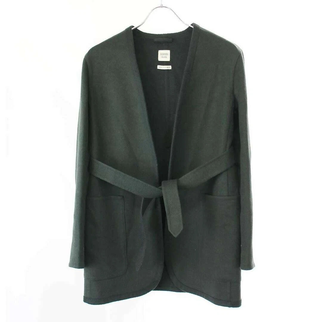 HERMÈS Giacca Hermes lana cashmere senza colletto con cintura 47 7258 verde 34 usata MESC 0