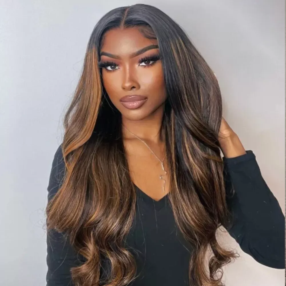 Black Wig With Honey Blonde Highlights Body Wave Lace Wigs With Balayage  Highlights