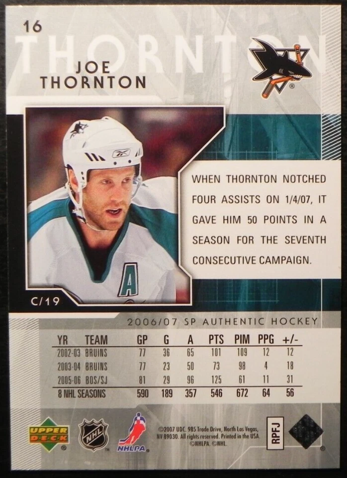 2006-07 06/07 SP Authentic #16 Joe Thornton San Jose Sharks - Image 2 of 2