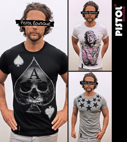 Pistol Boutique Men's Rolled Sleeve Black Crew SHOULDER TATTOO SWALLOWS T-shirt - Picture 9 of 12