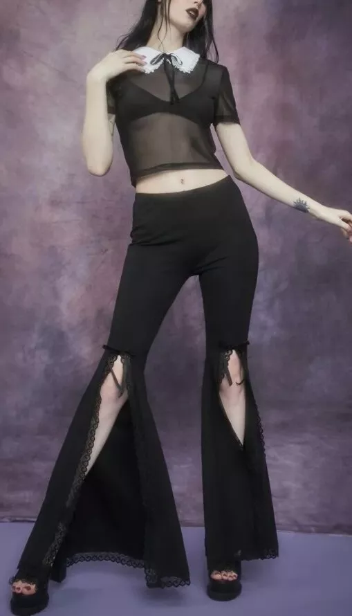 Dolls Kill Widow Split Front Black Bell-bottoms Pant Medium