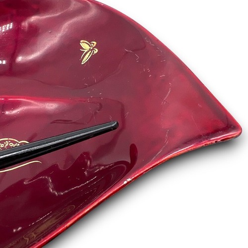 Japanese Lacquer Metal Heart Leaf Trinket Dishes Deep Red Gold Butterflies x2 - Picture 13 of 16