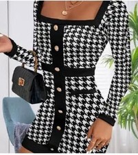 Black and White Houndstooth Long Sleeve Dress