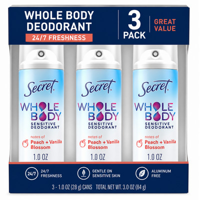 (3 Pack) Secret Whole Body Deodorant Spray - Peach & Vanilla - 1 oz Cans - NEW