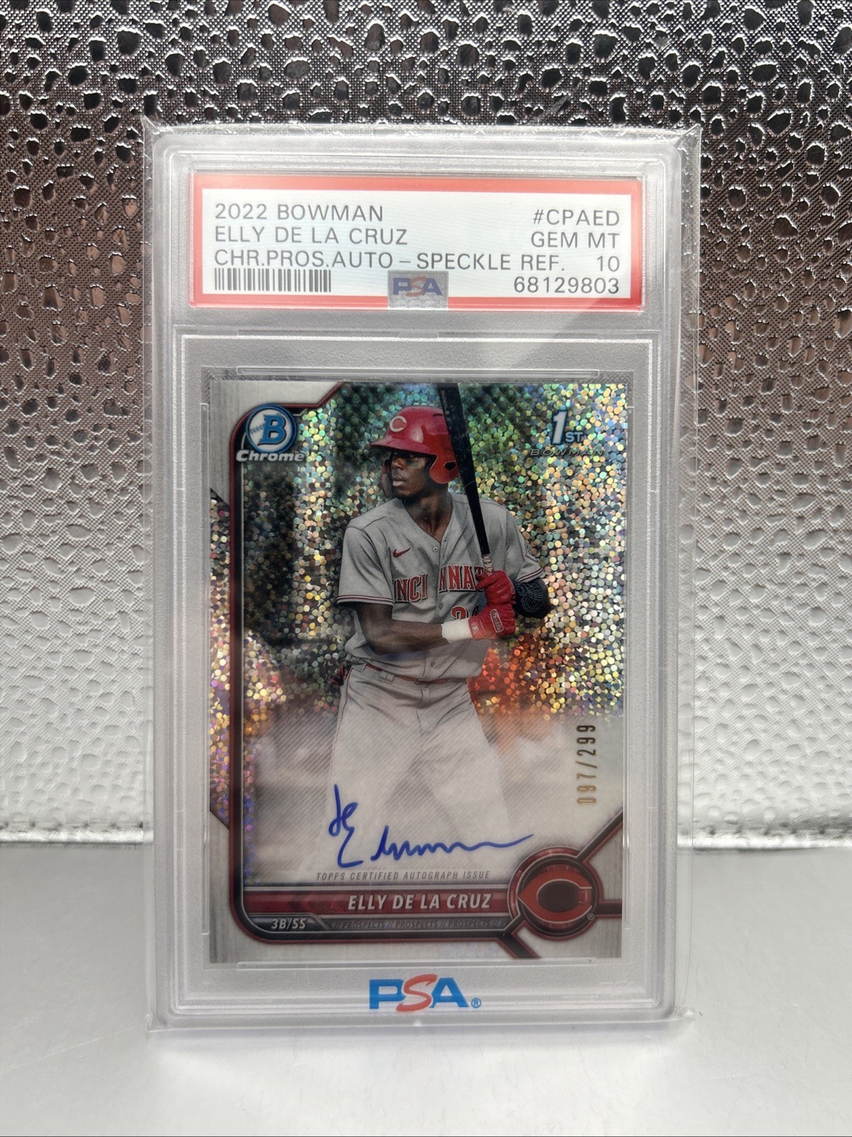 ELLY DE LA CRUZ 2022 BOWMAN CHROME 1ST SPECKLE AUTO 097/299 PSA 10
