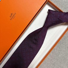 HERMES Tie Silk Jacquard Purple New Unused Tag Attached Box