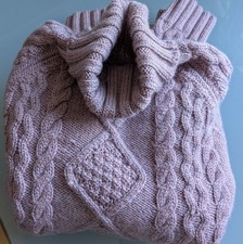 Woolovers Women’s Jumper Pure Wool Pink Cable Knit Roll Neck Chunky Fisherman L