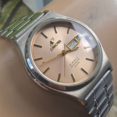 Vintage ENICAR men's automatic watch Ref:2158-803 day/date Rose gold dial 1970s
