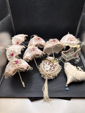 Victorian Style Umbrella Parasol Christmas Tree Ornament 5” Set Of 7 Buggy Heart